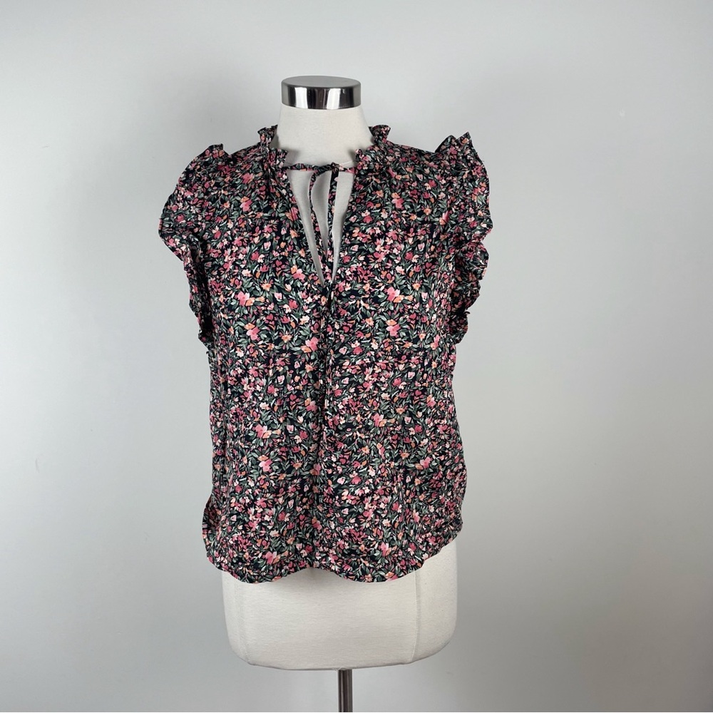 BB Dakota Steve Madden Pink Black Green Floral Ruffle Sleeve Blouse Top Medium